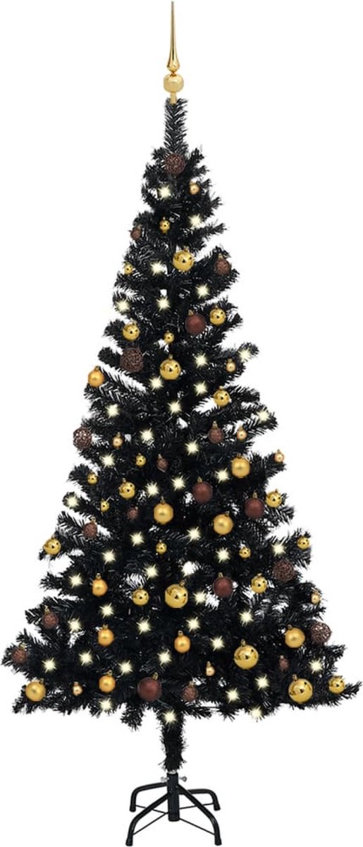 Prolenta Premium - Kunstkerstboom met LED's en kerstballen 150 cm PVC zwart