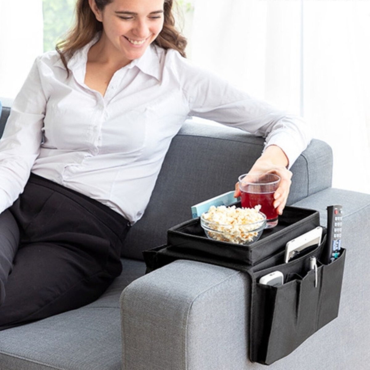 Sofa Armleuning Covers Organizer, Fauteuil Caddy Sofa Armleuning Organizer, Afstandsbediening Houder for Fauteuil Bank Sofa, Fauteuil Caddy met 5 Zakken for Tijdschrift, Tablet, Telefoon,Rood (Color