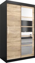 InspireMe - Kledingkast met 2 schuifdeuren, Modern-stijl, Een kledingkast met planken en een spiegel (BxHxD): 120x200x62 - VENEZIA I 120 Zwart Mat + Sonoma Eik