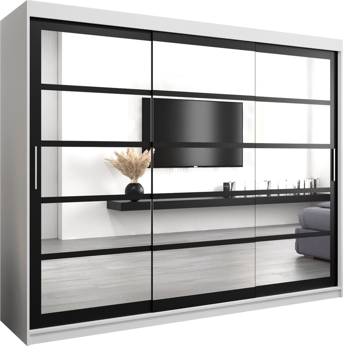 InspireMe - Kledingkast met 3 schuifdeuren, Modern-stijl, Een kledingkast met planken en een spiegel (BxHxD): 250x200x62 - VENEZIA II 250 Wit Mat + Zwart mat 4 lades