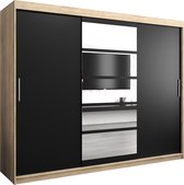 InspireMe - Kledingkast met 3 schuifdeuren, Modern-stijl, Een kledingkast met planken en een spiegel (BxHxD): 250x200x62 - VENEZIA I 250 Sonoma Eik + Zwart Mat mat 4 lades