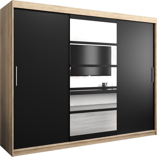 InspireMe - Kledingkast met 3 schuifdeuren, Modern-stijl, Een kledingkast met planken en een spiegel (BxHxD): 250x200x62 - VENEZIA I 250 Sonoma Eik + Zwart Mat mat 4 lades