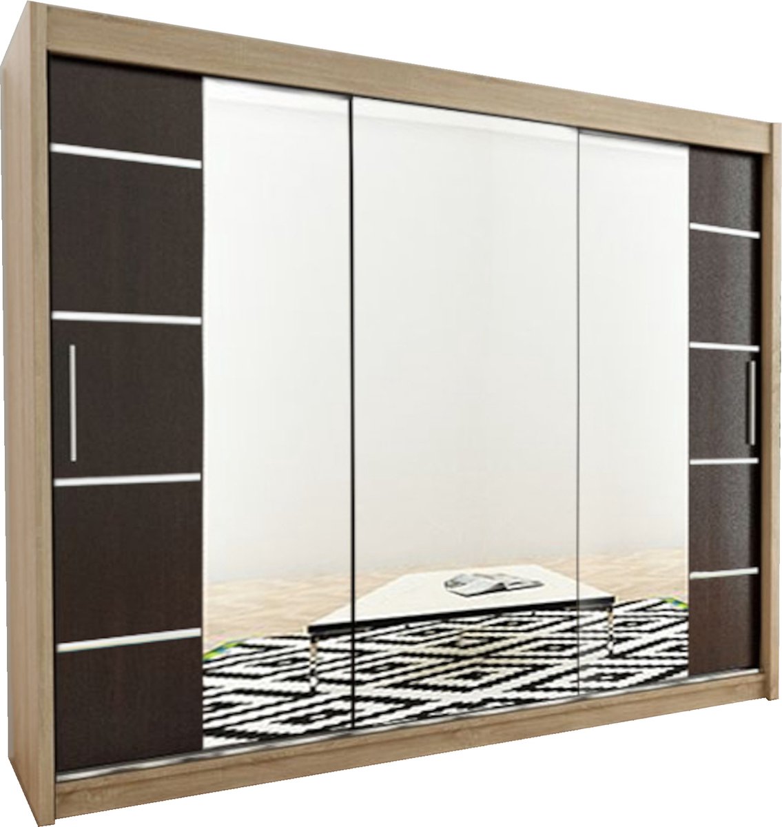 AJE Meubles B.V. InspireMe - Kledingkast met 3 schuifdeuren, Modern-stijl, Kledingkast met planken (BxHxD): 250x200x62 - VENTILA IV 250 Sonoma Eik + Zwart Mat mat 4 lades