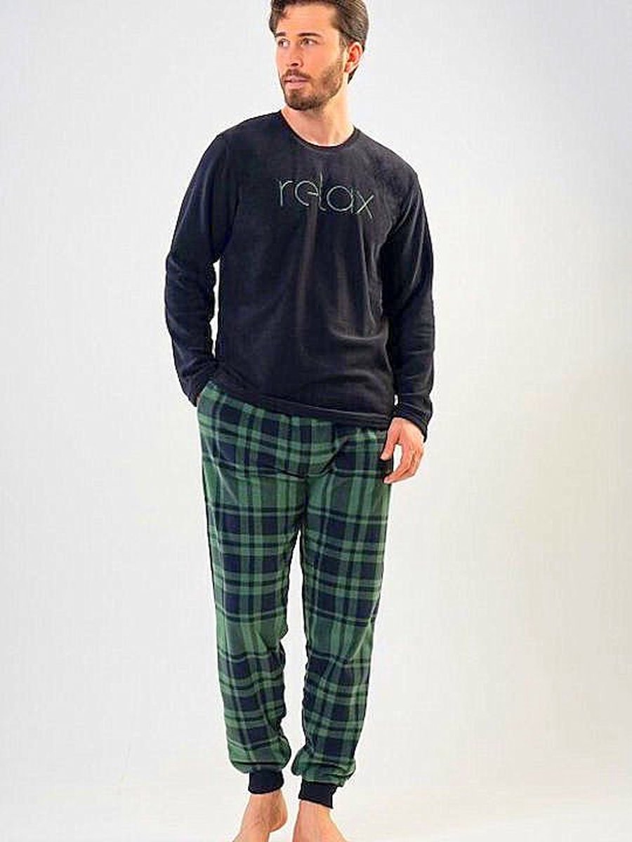 Herenpyjama-sets katoen geruit trekkoord loungewear set met knopen en lange mouwen tops en pyjamabroek nachtkleding pakken, Blauwe Plaid, L