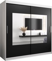 InspireMe - Kledingkast met 2 schuifdeuren, Modern-stijl, Een kledingkast met planken en een spiegel (BxHxD): 200x200x62 - TRINA 200 Wit Mat + Zwart