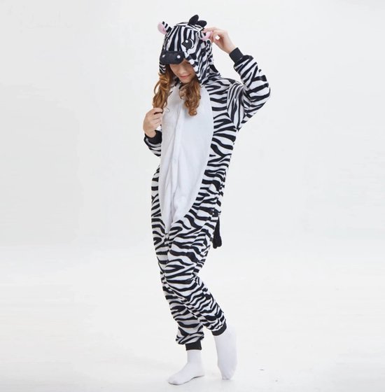 Onesie Zebra - Maat 122/128 - Verkleedkleren - Kostuum - Carnaval - Jumpsuit - Pyjama - Kerst - Jungle - Merkloos