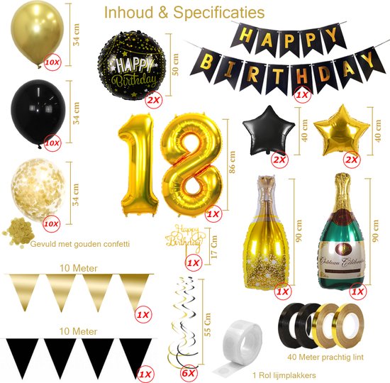 18 Jaar Feest Verjaardag Versiering Confetti Helium Ballonnen Slingers Happy Birthday Goud & Zwart Decoratie – 60 Stuks - BTH