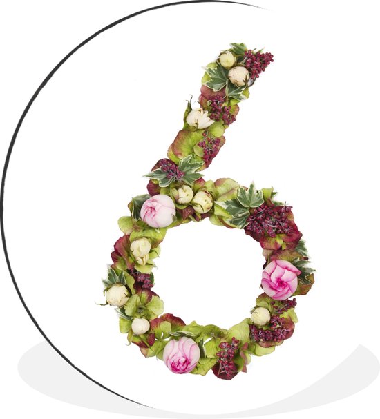 Wandcirkel - Aluminium - Cijfer 6 gemaakt van bloemen en planten - ⌀