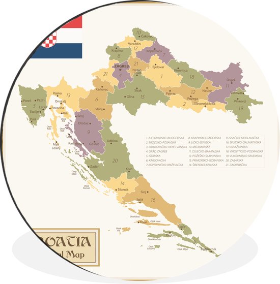 WallCircle – Wandcirkel – Muurcirkel – Politieke kaart van Kroatië – Aluminium – Dibond – 30×30 cm – Binnen en Buiten