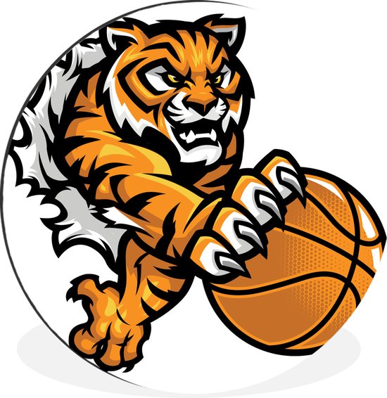 WallCircle - Wandcirkel - Muurcirkel - Een tijger grijpt de basketbal met zijn klauwen in een illustratie - Aluminium - Dibond - ⌀ 30 cm - Binnen en Buiten
