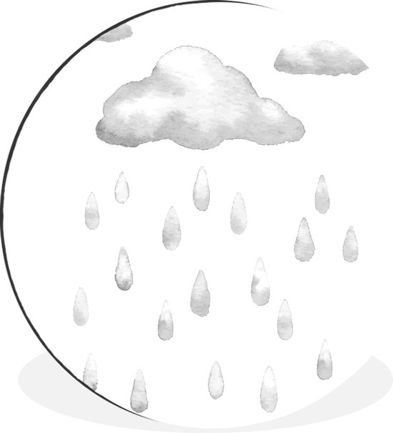 WallCircle - Wandcirkel - Muurcirkel - Een illustratie van een wolk met regendruppels - zwart wit - Aluminium - Dibond - ⌀ 30 cm - Binnen en Buiten