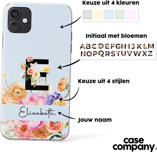 Lichtblauw telefoonhoesje met een grote zwarte 'E', bloemen en de naam 'Elizabeth'. Keuze uit 4 kleuren en 4 stijlen.