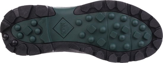 Zool van een zwarte Muck Boot Derwent II laars met groen rubber en profiel.