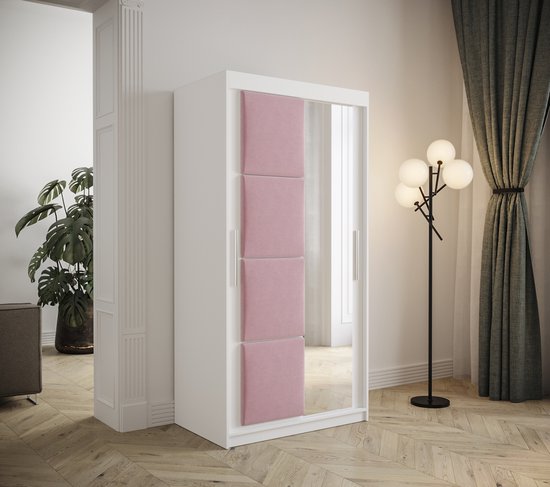 InspireMe - Armoire à 2 portes coulissantes, Style moderne, Armoire avec étagères, Façades d'armoire avec miroir et panneaux rembourrés (LxHxP): 100x200x62 - TAPILA 100 - Wit Mat + Rose