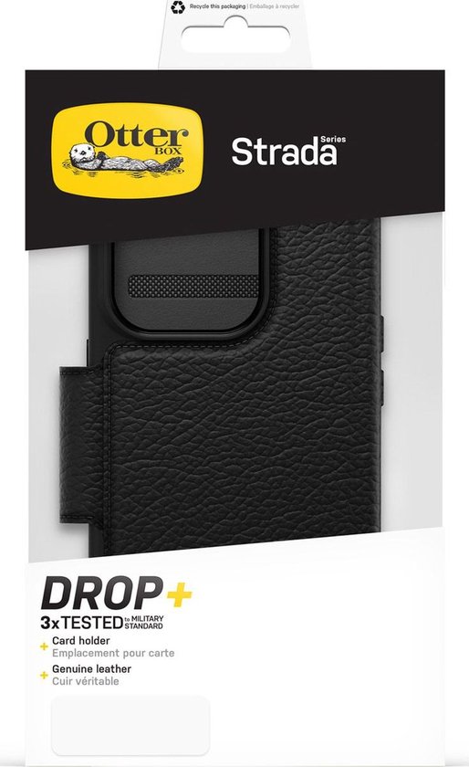 OtterBox Strada Series telefoonhoesje in zwart leer, met kaarthouder, 3x getest, militaire standaard.