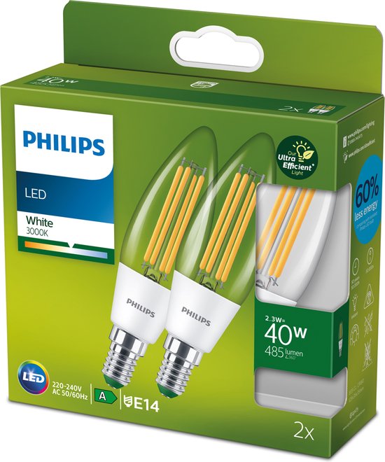 Philips Ampoule flamme et Lustre, 2,3 W, 40 W, E14, 485 lm, 50000 h, Blanc