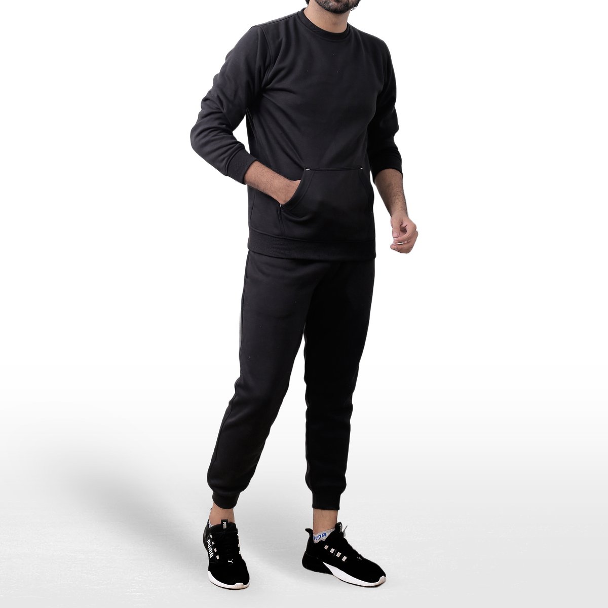 ICONICX Mens Plain Tracksuit Fleece Pullover Sweatshirt with Trousers Cotton Jogging Suit Exercise, Fitness, Boxing MMA, BLACK