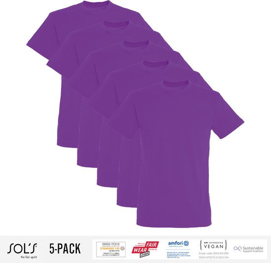 5 Pack Sol's Heren T-Shirt 100% biologisch katoen Ronde hals Paars Maat M