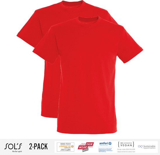 2 Pack Sol's Heren T-Shirt 100% biologisch katoen Ronde hals Rood Maat S