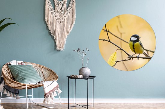 WallCircle - Wandcirkel - Muurcirkel - Vogel - Koolmees - Geel - Takken - Blad - Kunststof - Ronde schilderijen - 90x90 cm - Muurdecoratie rond - Wandcirkel natuur
