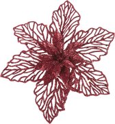 1x stuks decoratie bloemen kerststerren rood glitter op clip 17 cm - Decoratiebloemen/kerstboomversiering/kerstversiering