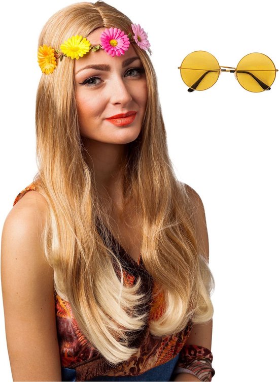 Hippie Flower Power verkleed hoofdband en ronde gele glazen party bril