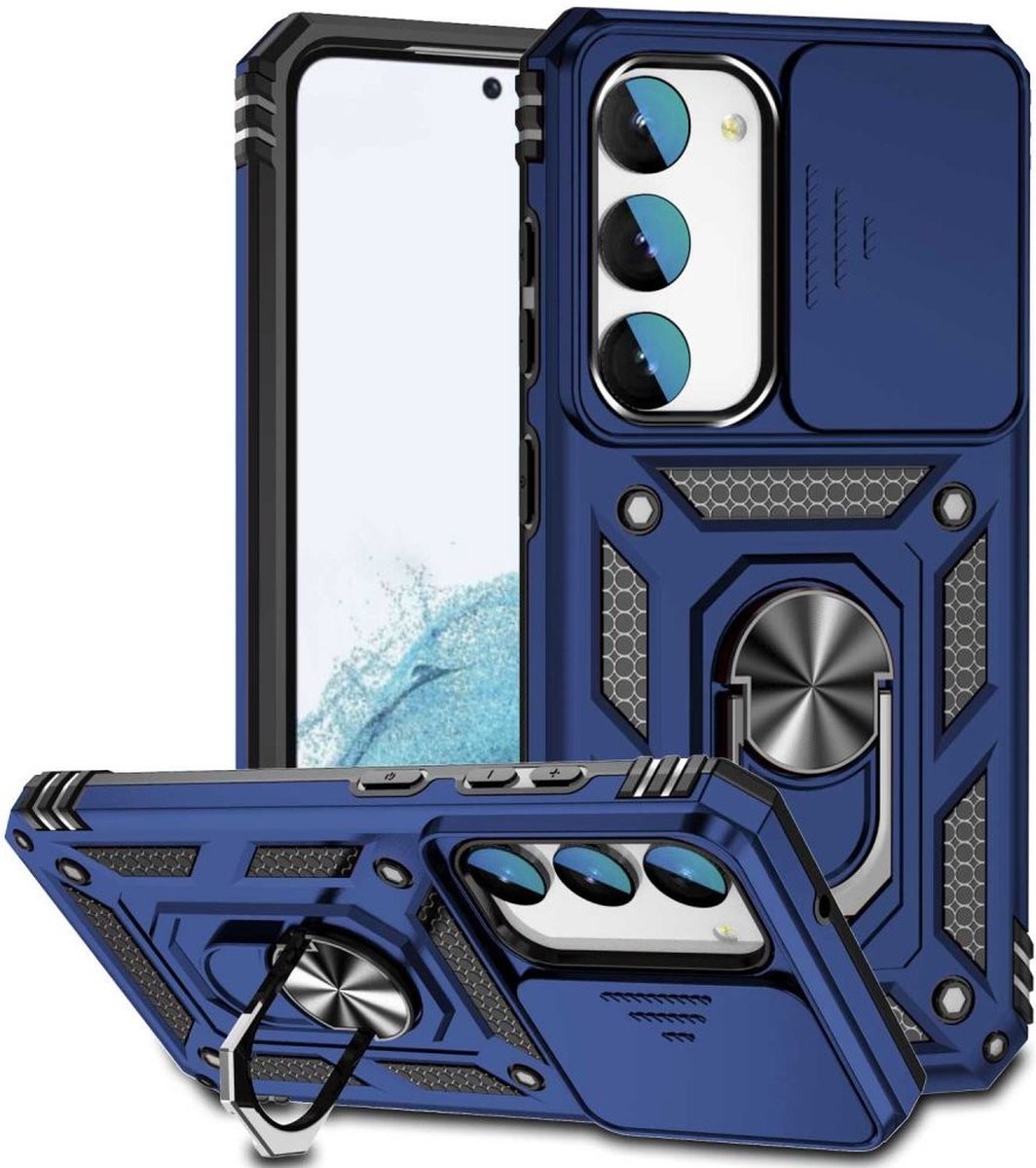 Hoesje met Camera Slider Geschikt voor de Samsung Galaxy S23 - Back Cover met Standaard - Uitklapbare Kickstand Ring - Beschermhoes TPU - Magneet voor Auto Houder Blauw