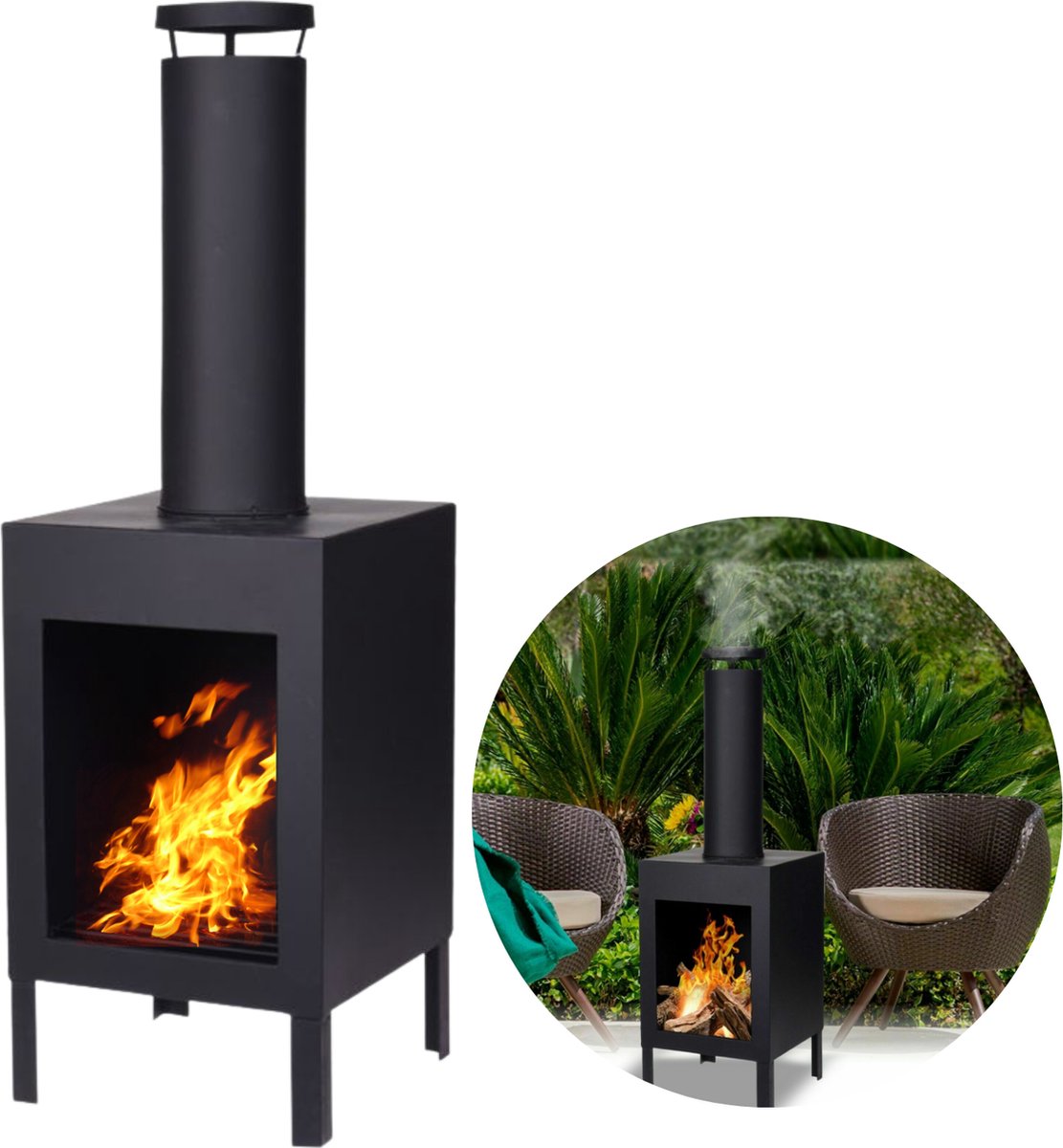 Terrashaard - Houtkachel - Tuinhaard - Terrasverwarming - Vuurkorf - Zwart - 100cm Hoog - 30cm Breed