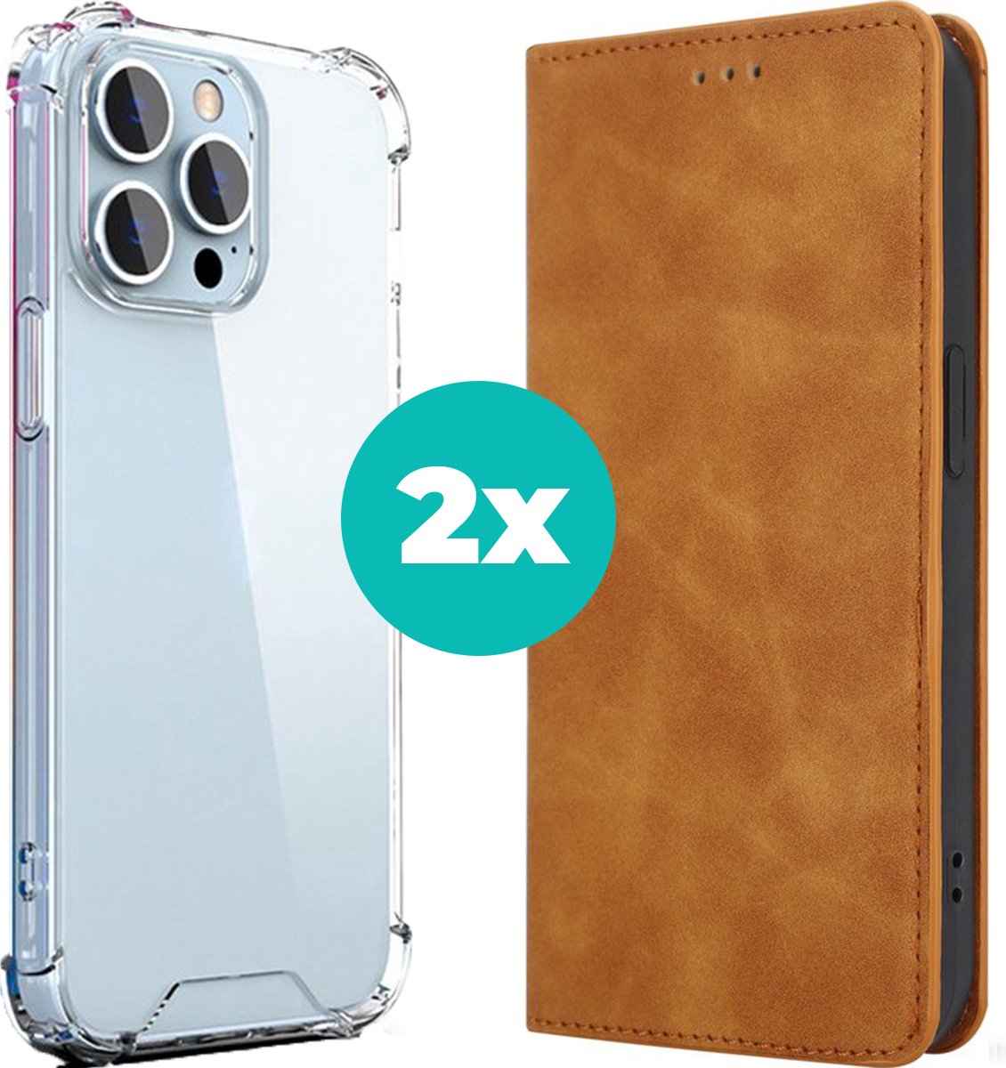 iPhone 14 hoesje bundel - Luxe bookcase en transparant case - 2 hoogwaardige hoesjes voor iphone 14 - Bundel van Donkerbruin en Transparant hoesje