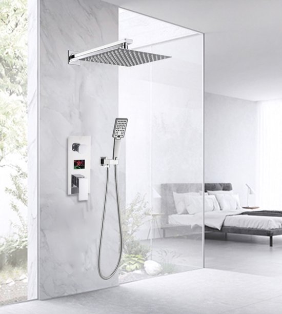 Ensemble de douche SaniSupreme® Manhattan Premium de Luxe LCD 10 pouces pluie douche carrée 2 voies chrome intégré