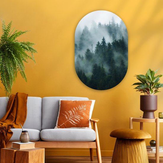 Wall Oval - Décoration murale Plastique - Peinture Ovale - Brouillard - Arbres - Forêt - 60x90 cm - Forme miroir ovale sur plastique