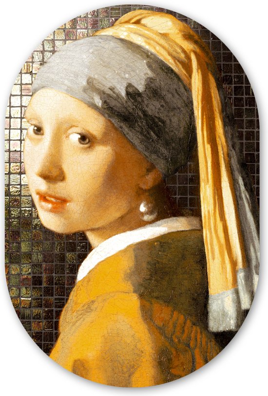 Muurovaal - Kunststof Wanddecoratie - Ovalen Schilderij - Meisje met de parel - Johannes Vermeer - Mozaïek - 80x120 cm - Ovale spiegel vorm op kunststof