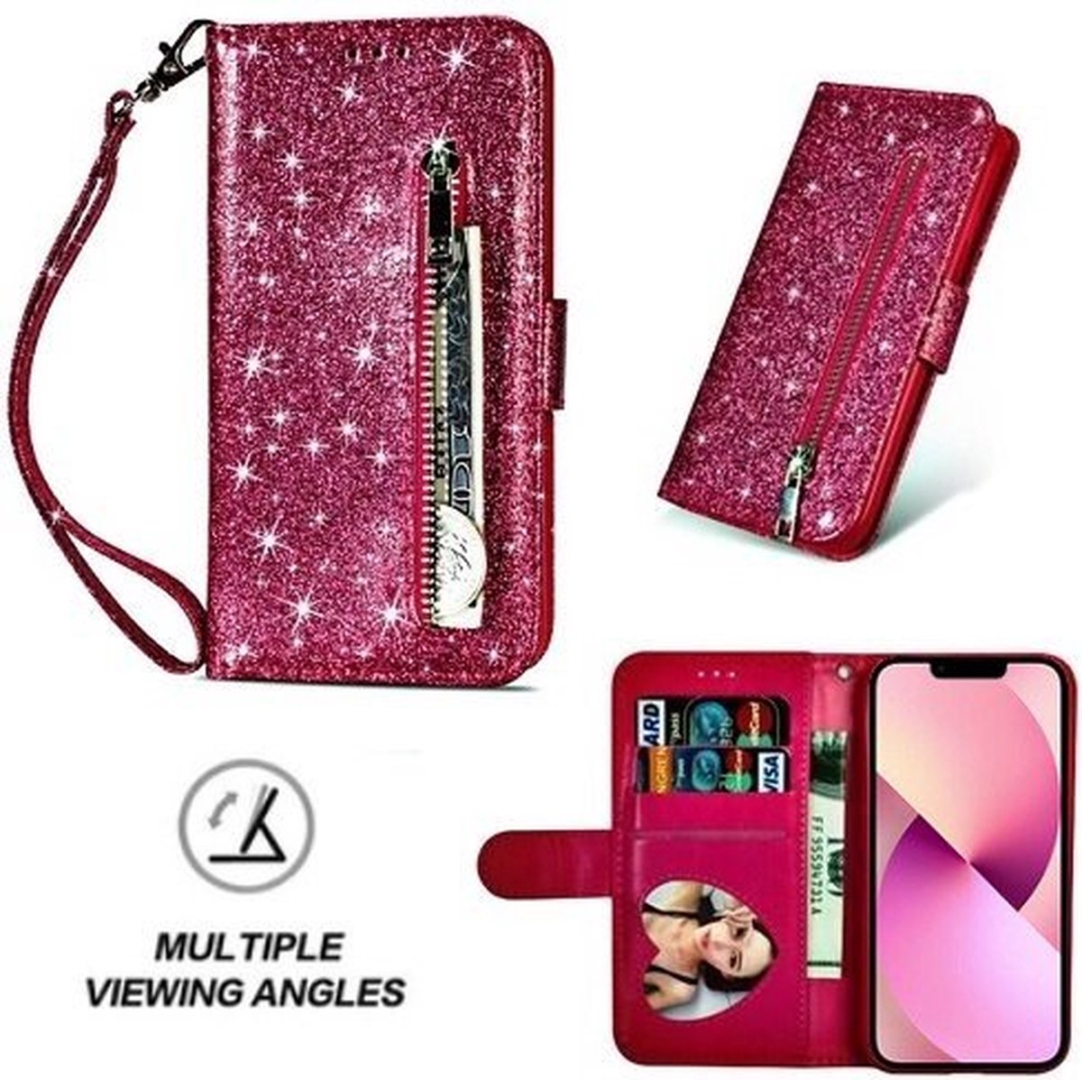 iPhone 13 Glitter Hoesje Met Pasjeshouder Bookcase Roze