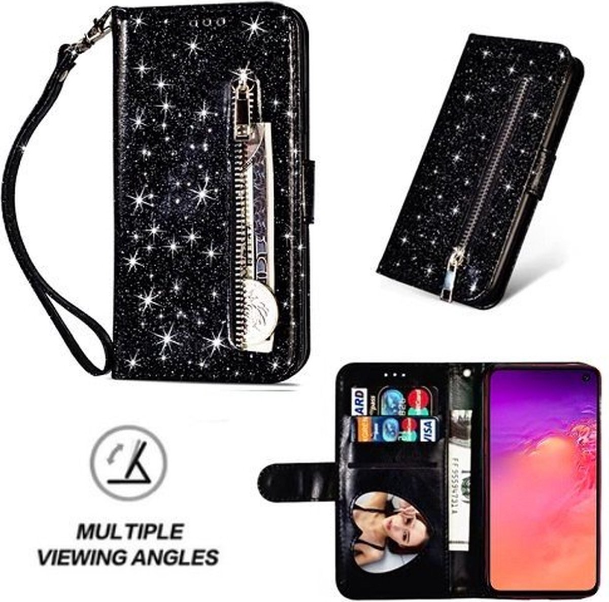 Samsung S10e Glitter Hoesje Met Pasjeshouder Bookcase Zwart