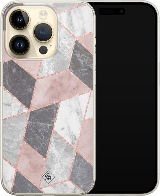 Coque iPhone 14 Pro - Marbre grille pierre / Marbre abstrait - Coque souple - Rose - Coque téléphone Siliconen - Motif géométrique - Casimoda