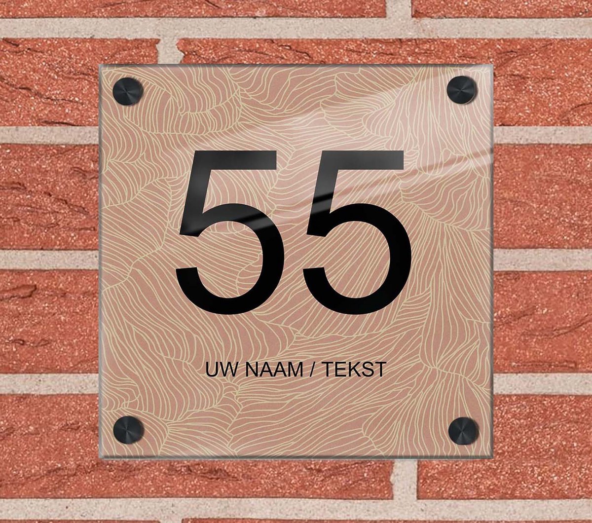 Naambordje voordeur plexiglas 15x15x0,5 cm met mat zwart afstanhouder model 1134 - Huisnummerbordje, naambordjes, naambordje huis, naamplaatjes,  huisnummer bordje, originele naambordjes voordeur, huisnummerbord met naam, originele huisnummer bord