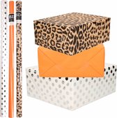 12x Rollen kraft inpakpapier/folie pakket - panterprint/oranje/wit met zilveren stippen 200 x 70 cm - dierenprint papier