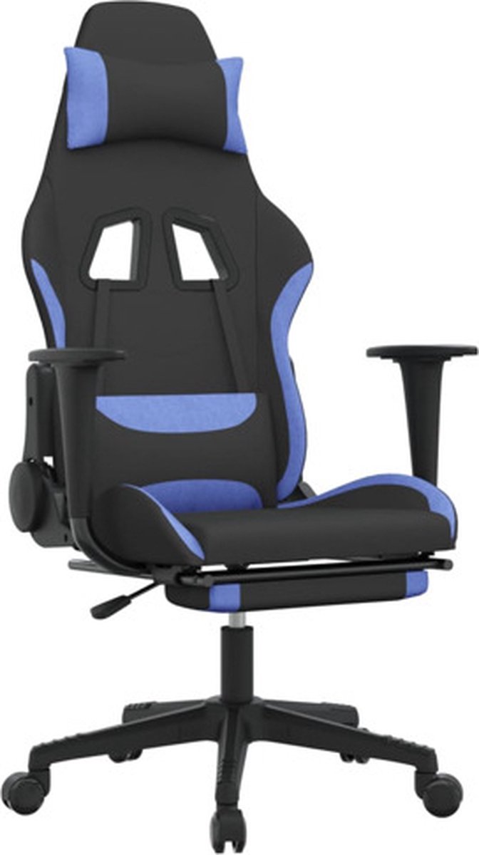 vidaXL Massage - gamestoel - met - voetensteun - stof - zwart - en - blauw
