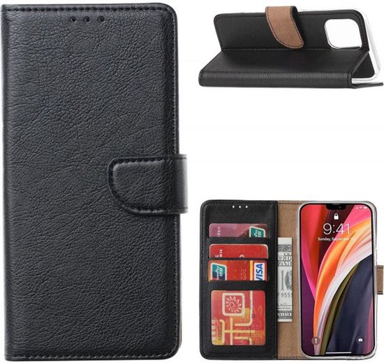 Zwarte PU lederen wallet bookcase voor iPhone 14 Pro Max met bruine band, kaarthouders en magneetsluiting.