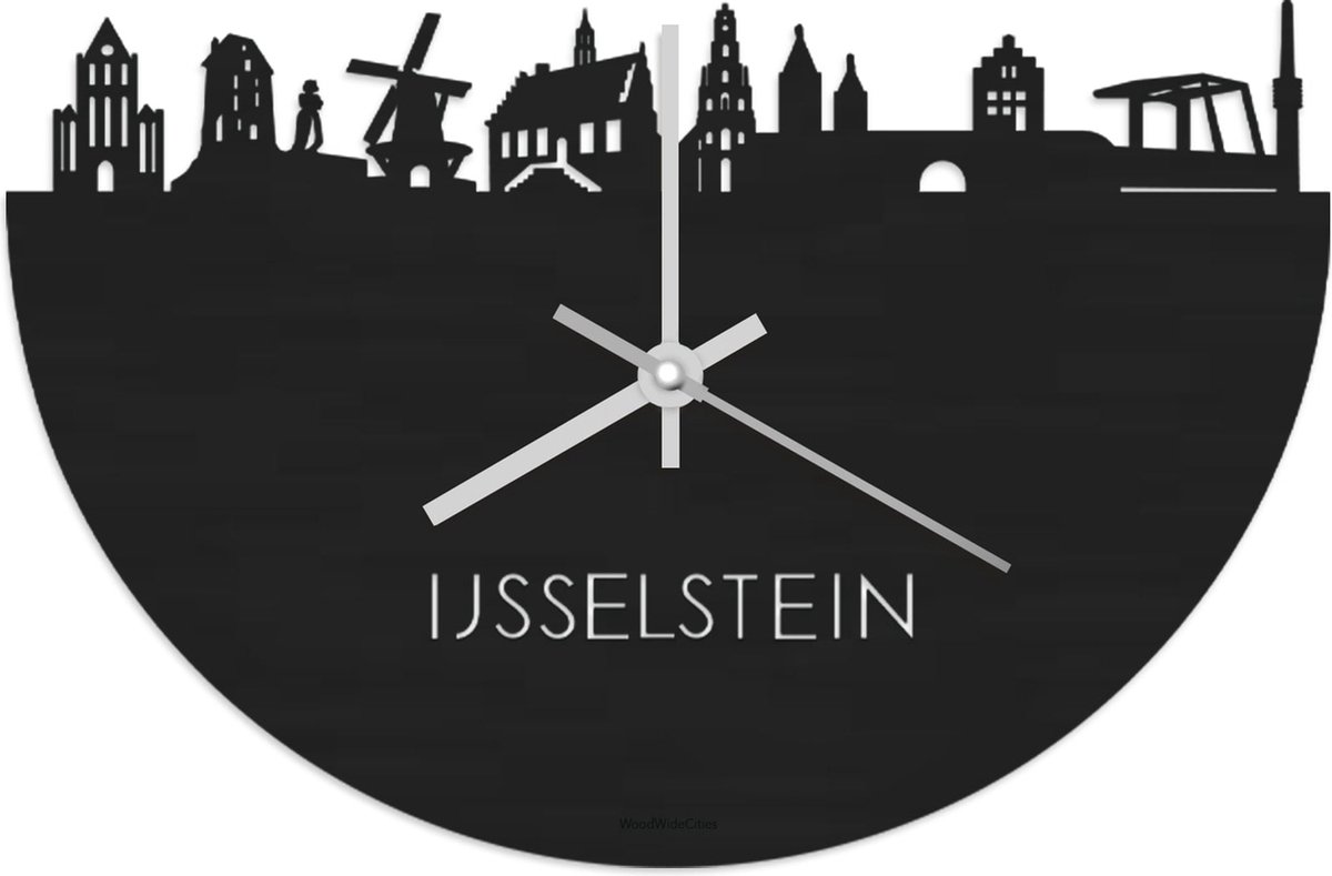 Skyline Klok IJsselstein Zwart hout - Ø 40 cm - Stil uurwerk - Wanddecoratie - Meer steden beschikbaar - Woonkamer idee - Woondecoratie - City Art - Steden kunst - Cadeau voor hem - Cadeau voor haar - Jubileum - Trouwerij - Housewarming -
