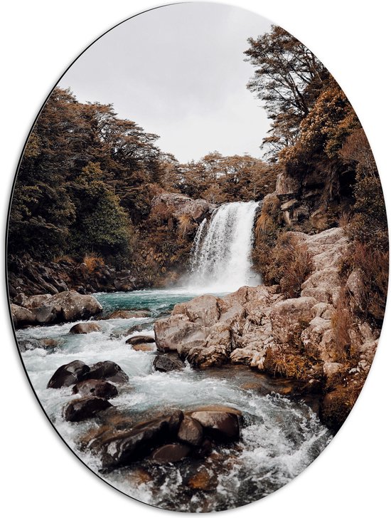 WallClassics - Dibond Ovaal - Wilde Rivier met Waterval - 51x68 cm Foto op Ovaal (Met Ophangsysteem)