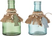 J-Line vaas - jute/glas - blauw/groen - medium - 2 stuks - 15.50 cm hoog