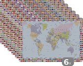 Placemat kinderen - Placemat - Placemats kunststof - Wereldkaart - Vlag - Atlas - 45x30 cm - 6 stuks - Hittebestendig - Anti-Slip - Onderlegger - Afneembaar