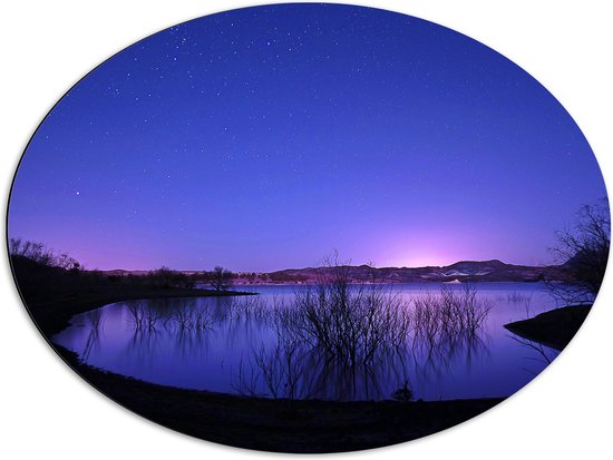 WallClassics - Dibond Ovaal - Meer in de Nacht bij Paars met Blauwe Lucht - 80x60 cm Foto op Ovaal (Met Ophangsysteem)