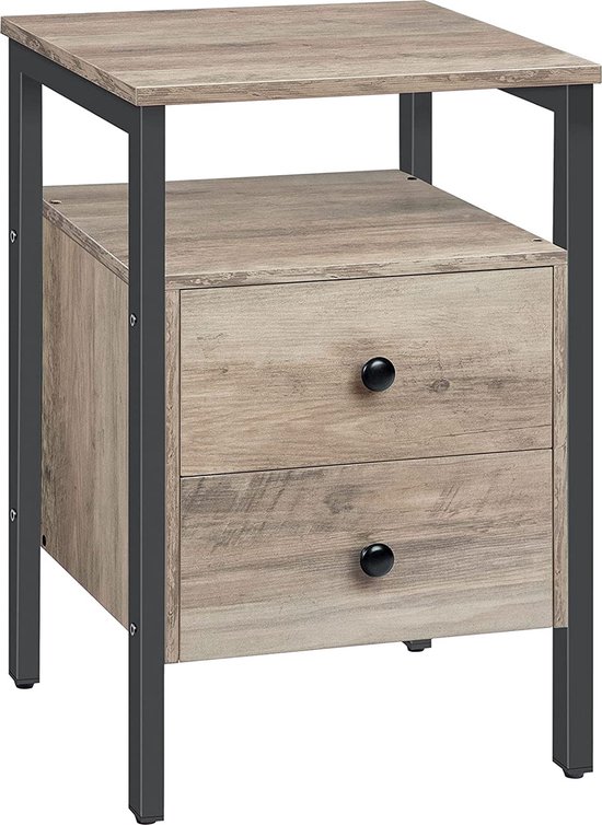 Signature Home Sabbu Nachtkastje - bijzettafel - nachtkastje met 2 lades - nachtkastje - eenvoudig te monteren - stevig - Grijs - zwart - 40 x 40 x 61 cm