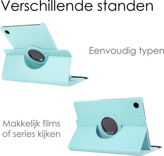 Étui de tablette bleu clair dans deux positions différentes : 'Regarder facilement des films ou des séries' et 'Taper facilement'.