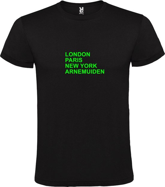 Zwart T-Shirt met “ LONDON, PARIS, NEW YORK, ARNEMUIDEN “ Afbeelding Neon Groen Size XXL