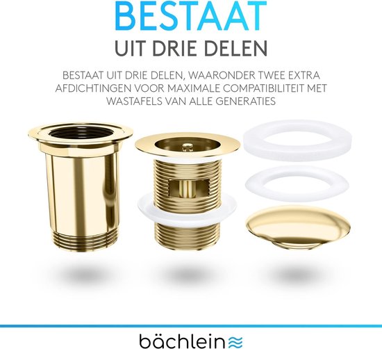 Gouden afvoerset in drie delen: onderbuis, pop-up plug en twee afdichtingen.