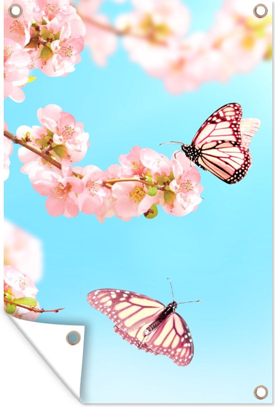 Affiche jardin - Toile jardin - Posters de jardin extérieur - Papillons - Arbre - Fleurs - 80x120 cm - Jardin