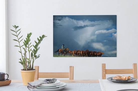 Cowboy mène troupeau de chevaux toile 2cm 60x40 cm - Tirage photo sur toile (Décoration murale salon / chambre) / Animaux de la ferme Peintures sur toile